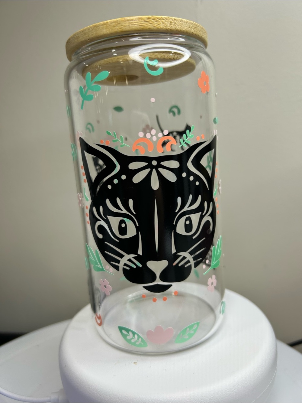 16oz Glass Rumbler with Black Cat & Floral Design. Bamboo Lid and Glads Straw.